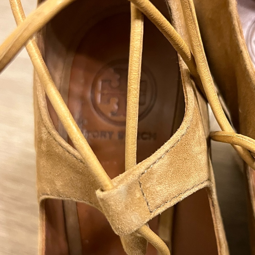 Tory Burch Tan Suede Lace Up Wedged Sandals - Picture 3 of 5